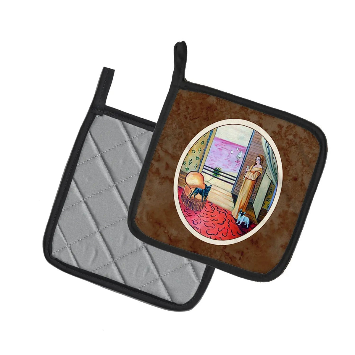 Pot Holder Set of 2 | Heat Resistant Quilted Hot Pads | 7.5 x 7.5 Inch | French Bulldog and lady