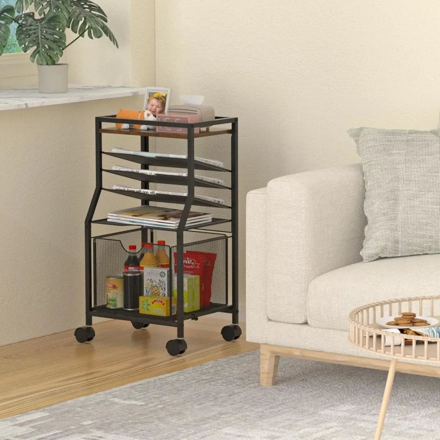 Brown Wood 6 Tier Rolling File Cart With Lockable Wheels from PriceLows™