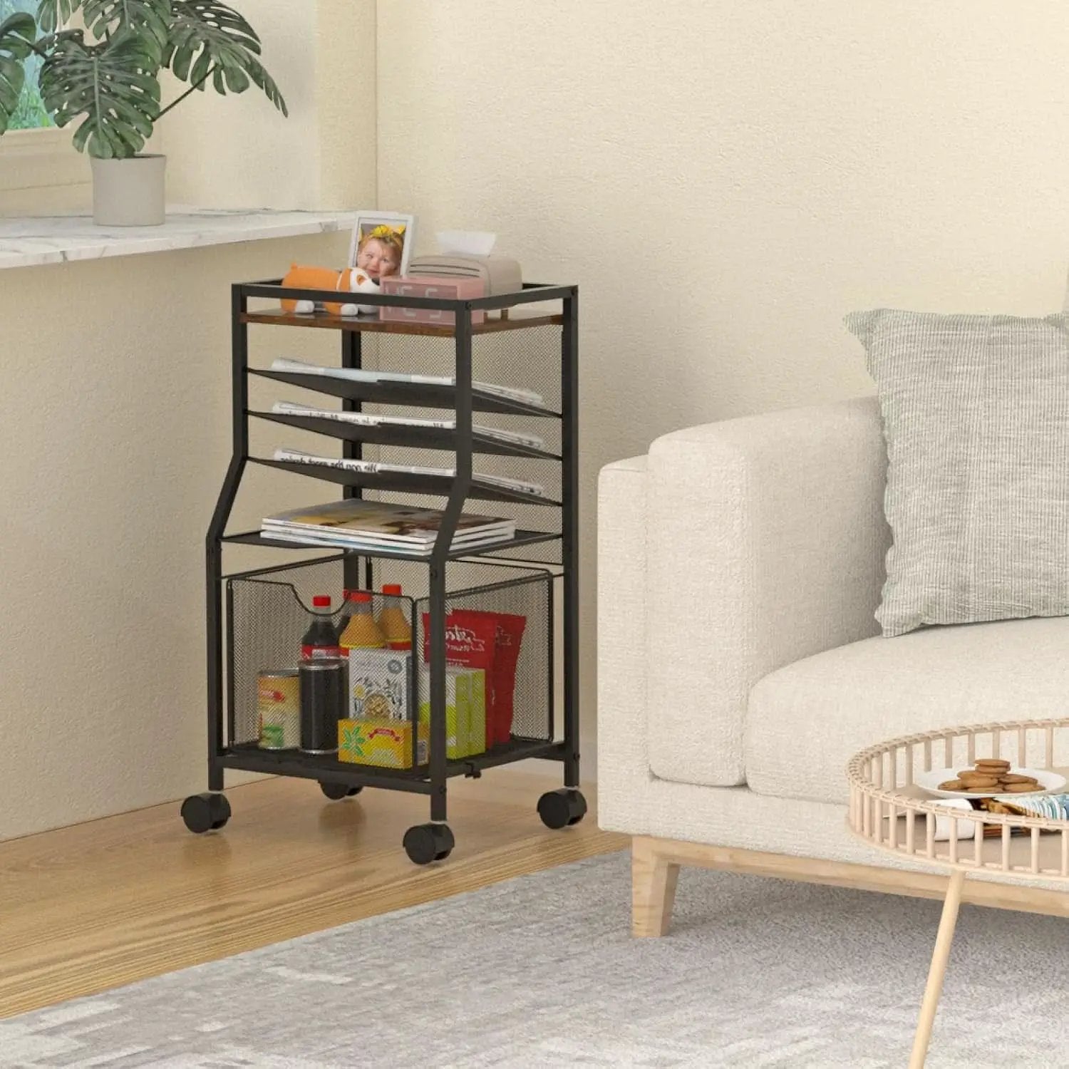 Brown Wood 6 Tier Rolling File Cart With Lockable Wheels from PriceLows™