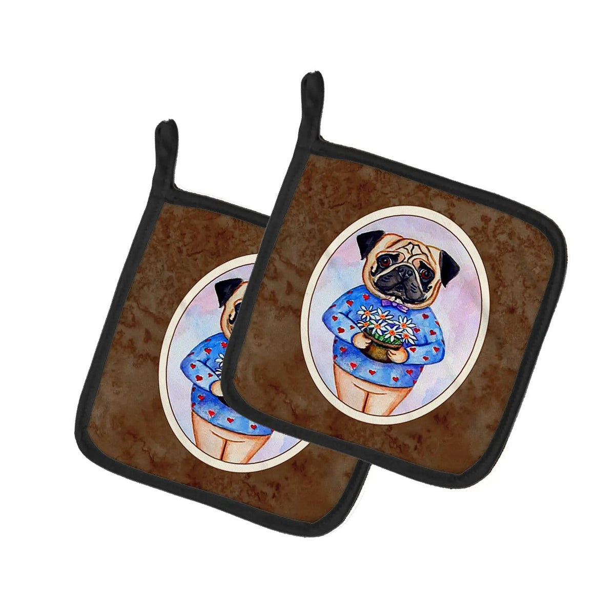 Pot Holder Set of 2 | Heat Resistant Quilted Hot Pads | 7.5 x 7.5 Inch | Pug Valentine's Hearts