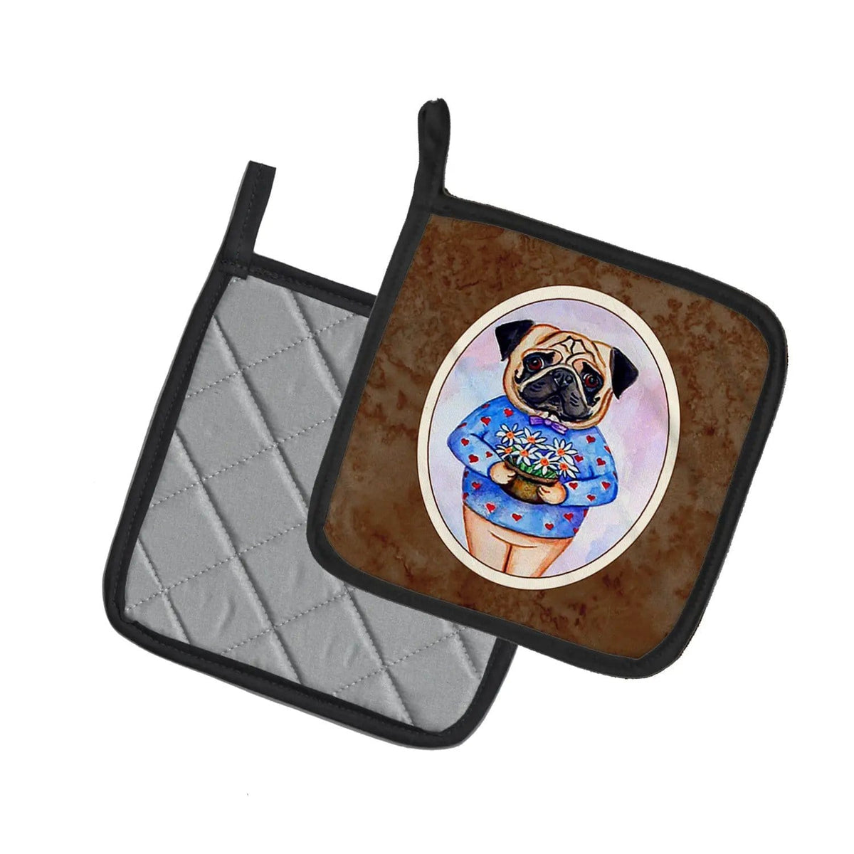 Pot Holder Set of 2 | Heat Resistant Quilted Hot Pads | 7.5 x 7.5 Inch | Pug Valentine's Hearts