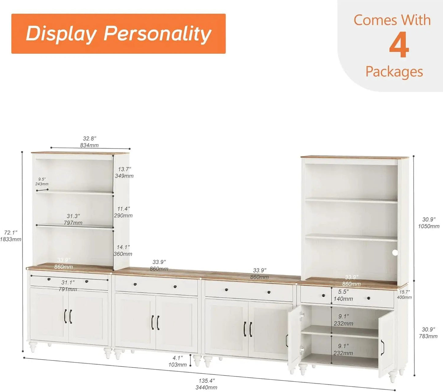 Farmhouse TV Stand For 75 Inch TV Off White 8 Doors from PriceLows™