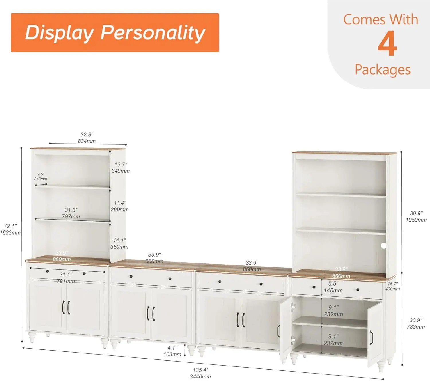 Farmhouse TV Stand For 75 Inch TV Off White 8 Doors from PriceLows™