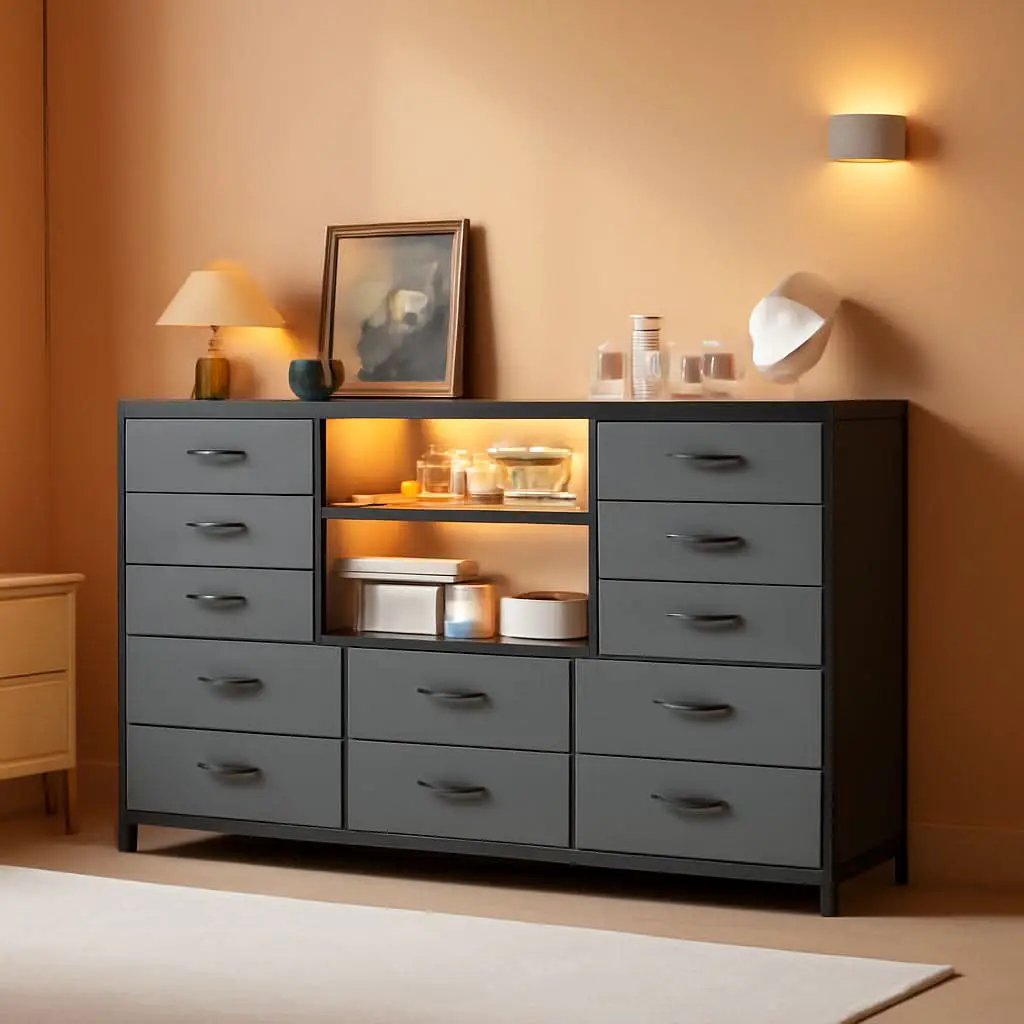 12 Drawer Long Dresser With LED Lights And Built In Power Outlet For Bedroom Storage from PriceLows™
