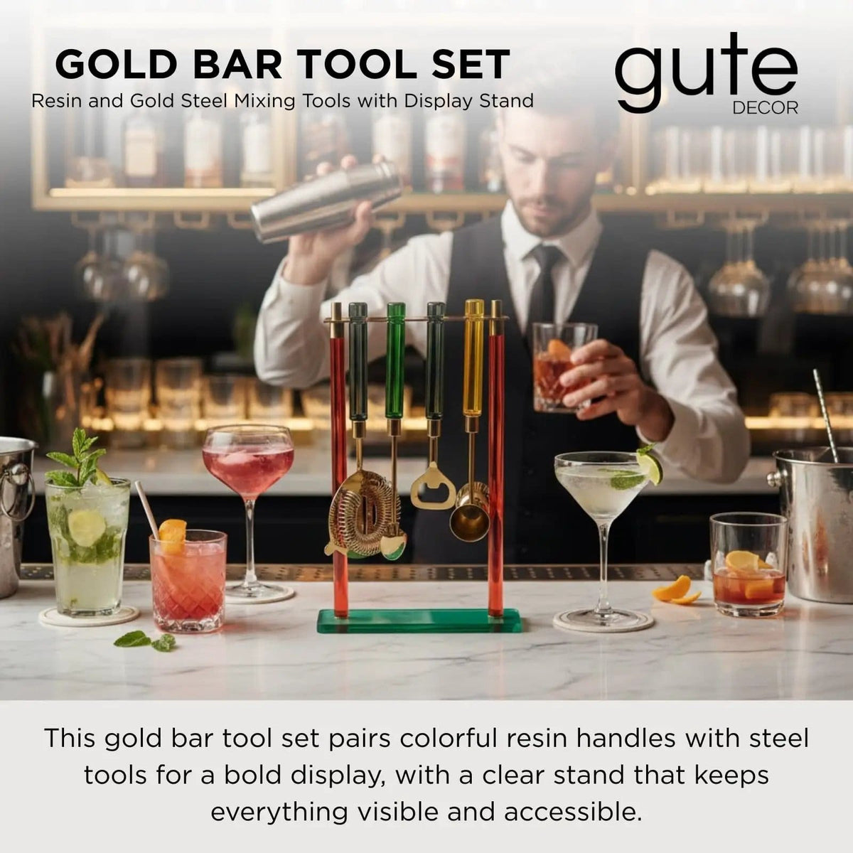 5-PC Gold Bartender Kit with Stand & Color Handles | Set of 5 | Steel | Bottle Opener