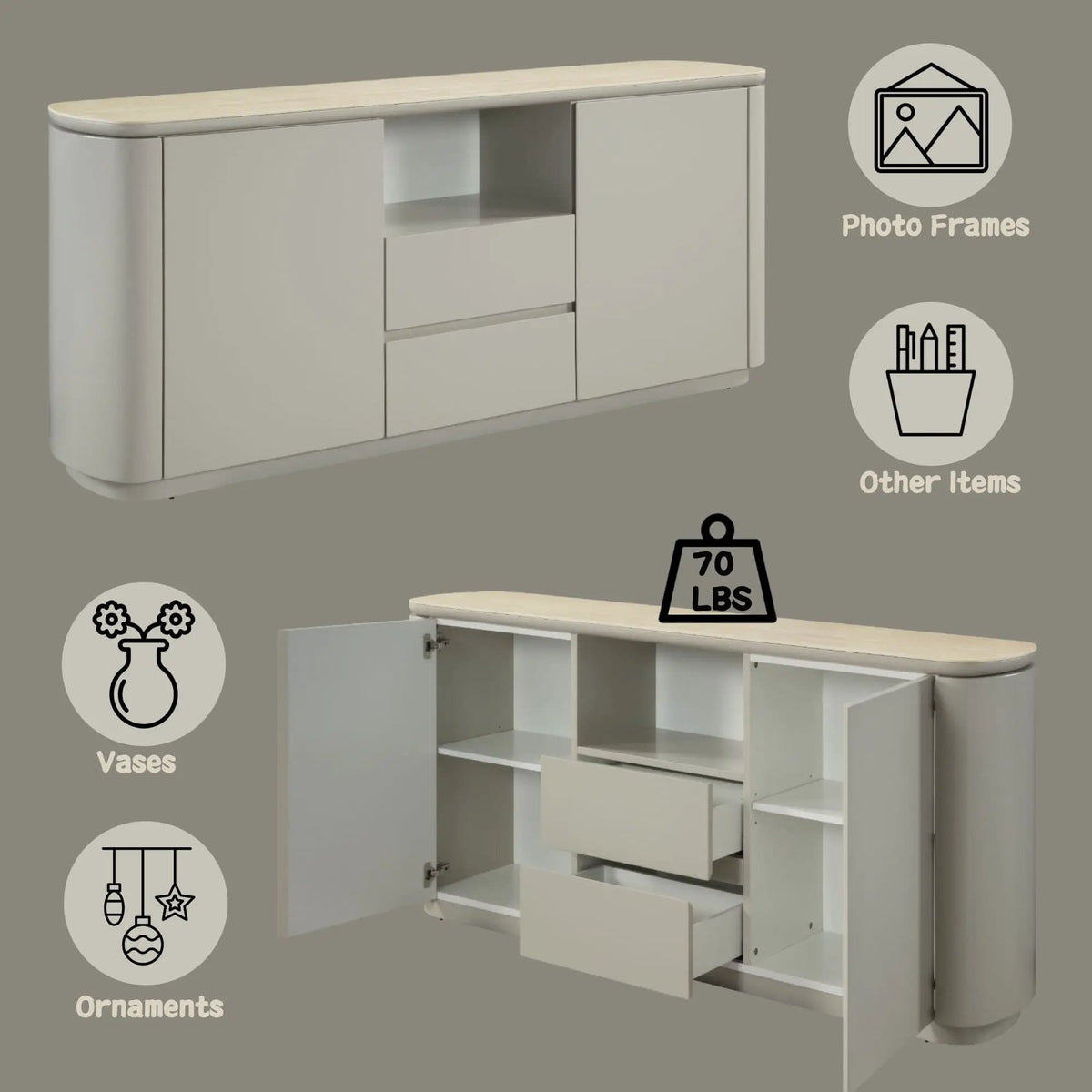 Ingram Ceramic Top Server | 16 x 65 x 32 in | Metal & Ceramic | Light Gray