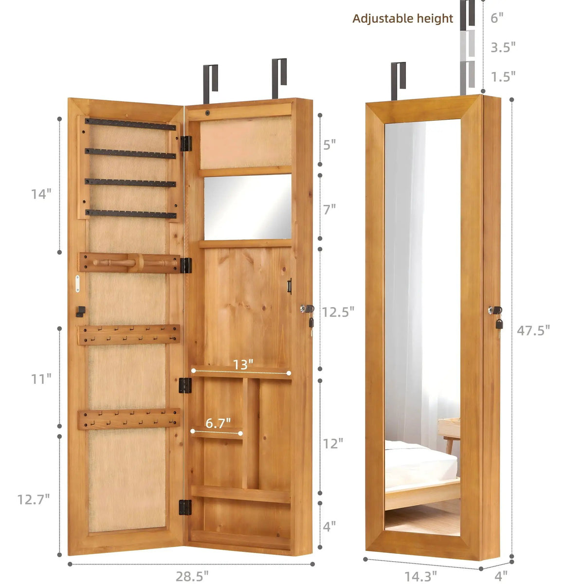 Jewelry Armoire With Full Length Mirror | Lockable Wall Mounted Cabinet | LED Light | Over The Door Use