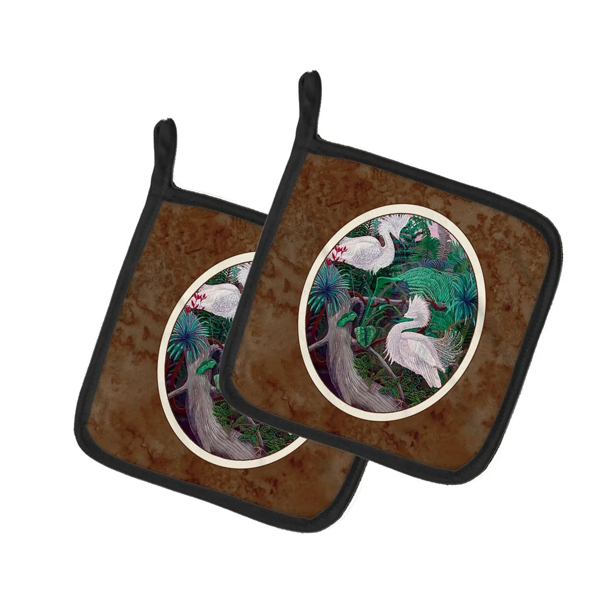 Pot Holder Set of 2 | Heat Resistant Quilted Hot Pads | 7.5 x 7.5 Inch | Bird - Egret