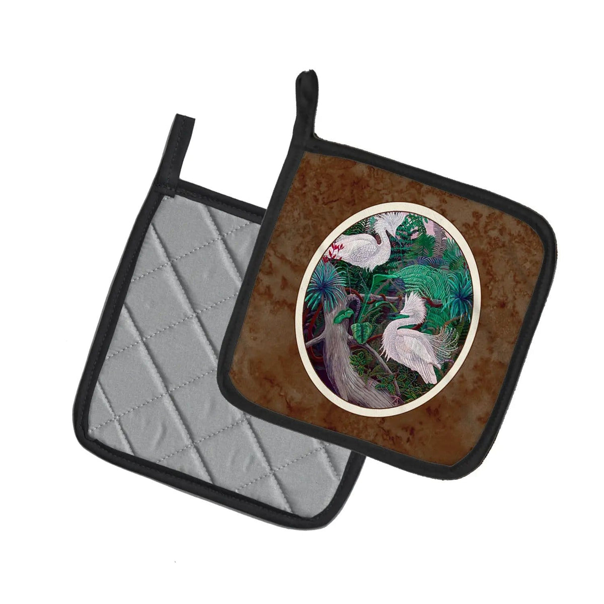 Pot Holder Set of 2 | Heat Resistant Quilted Hot Pads | 7.5 x 7.5 Inch | Bird - Egret
