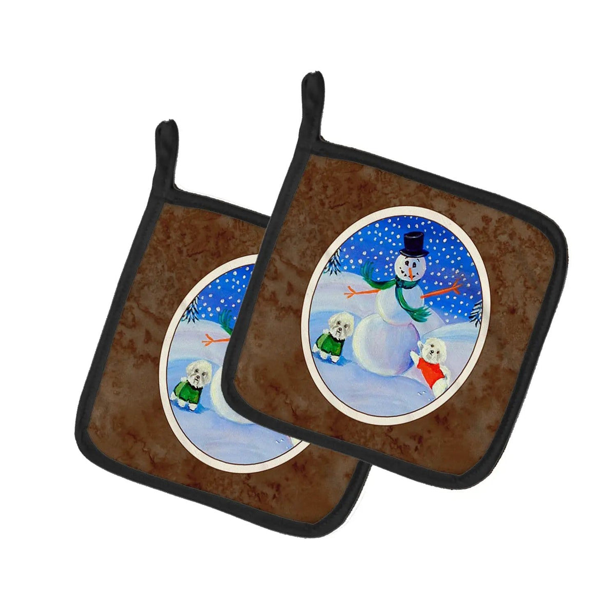 Pot Holder Set of 2 | Heat Resistant Quilted Hot Pads | 7.5 x 7.5 Inch | Snowman Bichon Frise