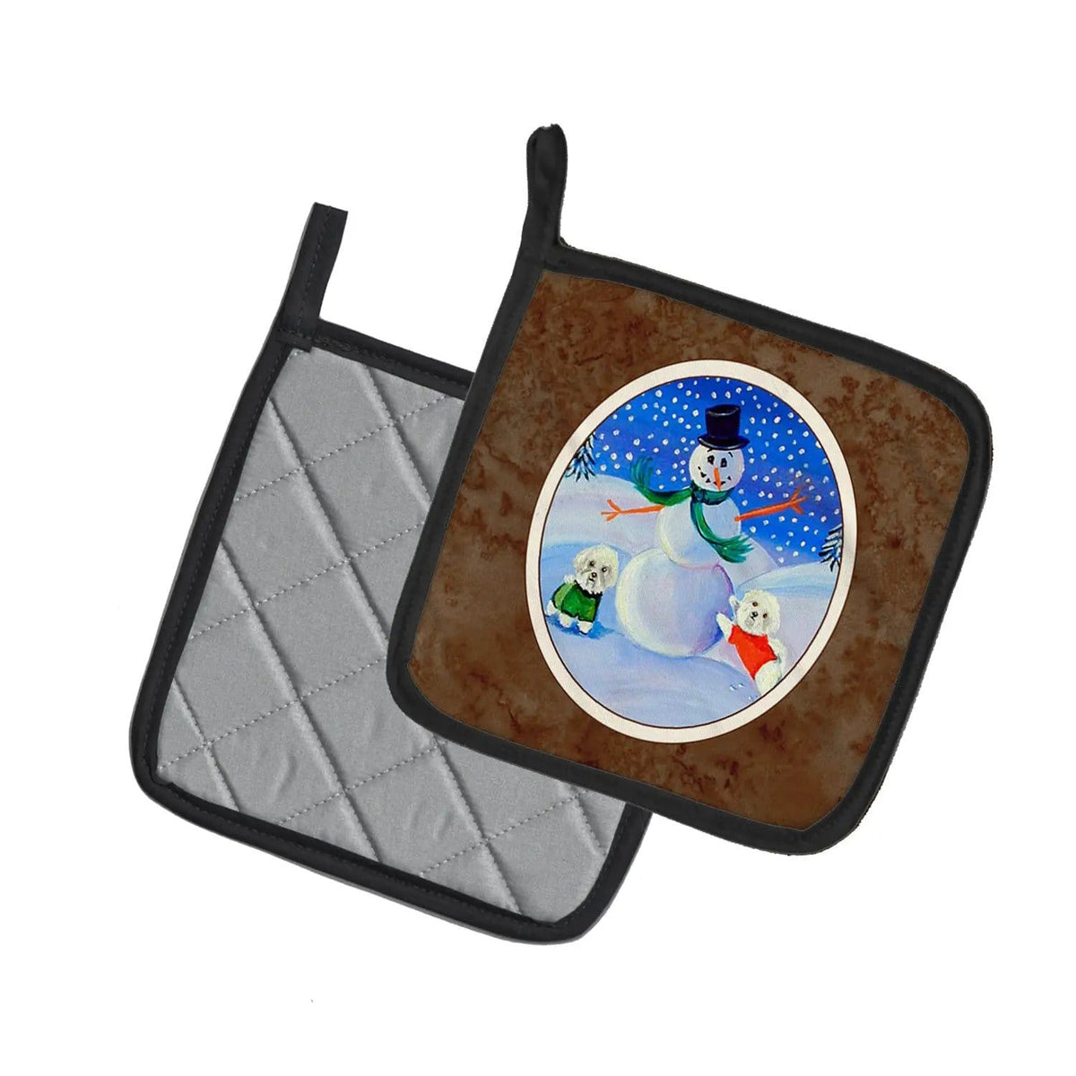 Pot Holder Set of 2 | Heat Resistant Quilted Hot Pads | 7.5 x 7.5 Inch | Snowman Bichon Frise