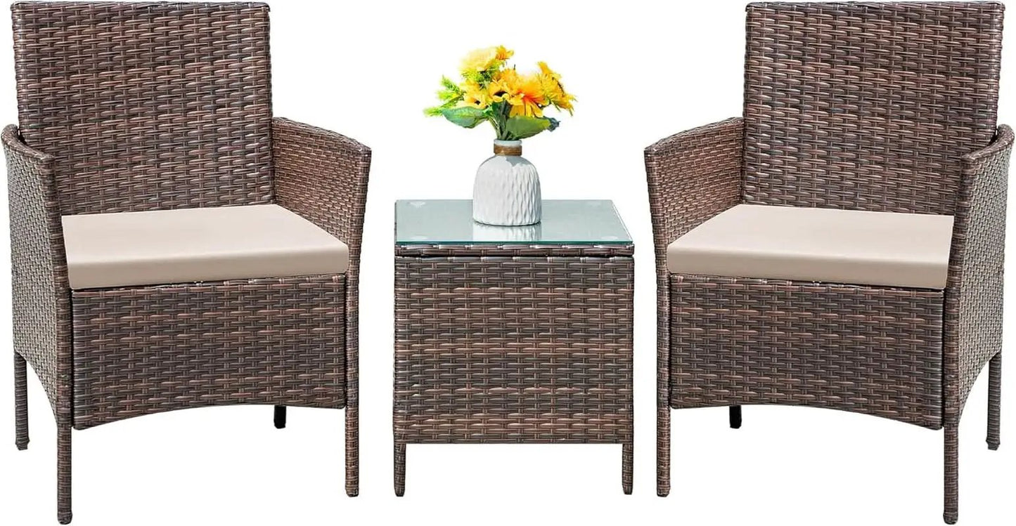 Patio Set 3 Piece All Weather Rattan Glass Table Brown from PriceLows™