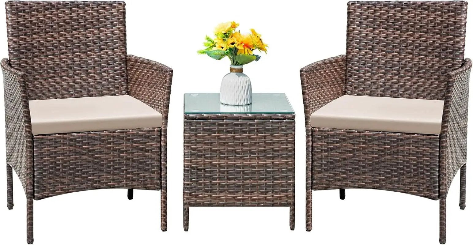 Patio Set 3 Piece All Weather Rattan Glass Table Brown from PriceLows™