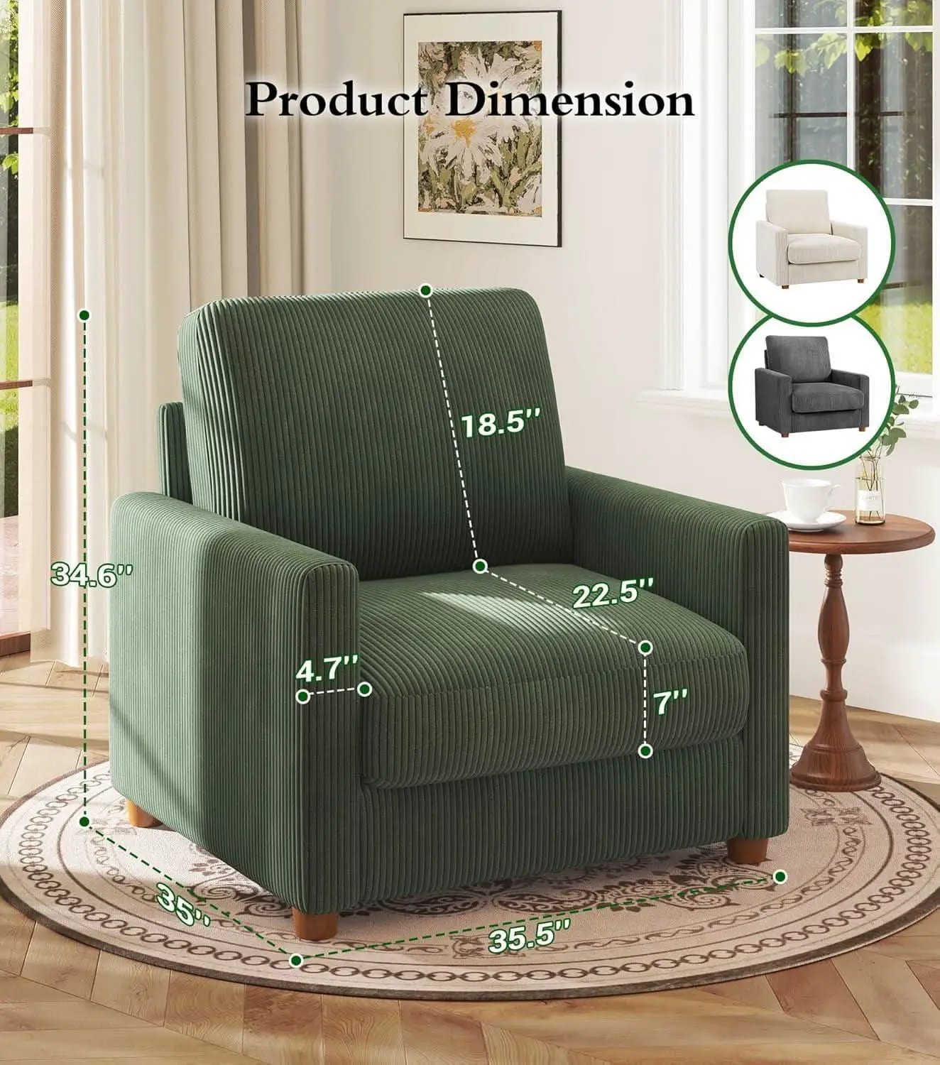 Green Corduroy Accent Chair With 22 Inch Deep Seat from PriceLows™