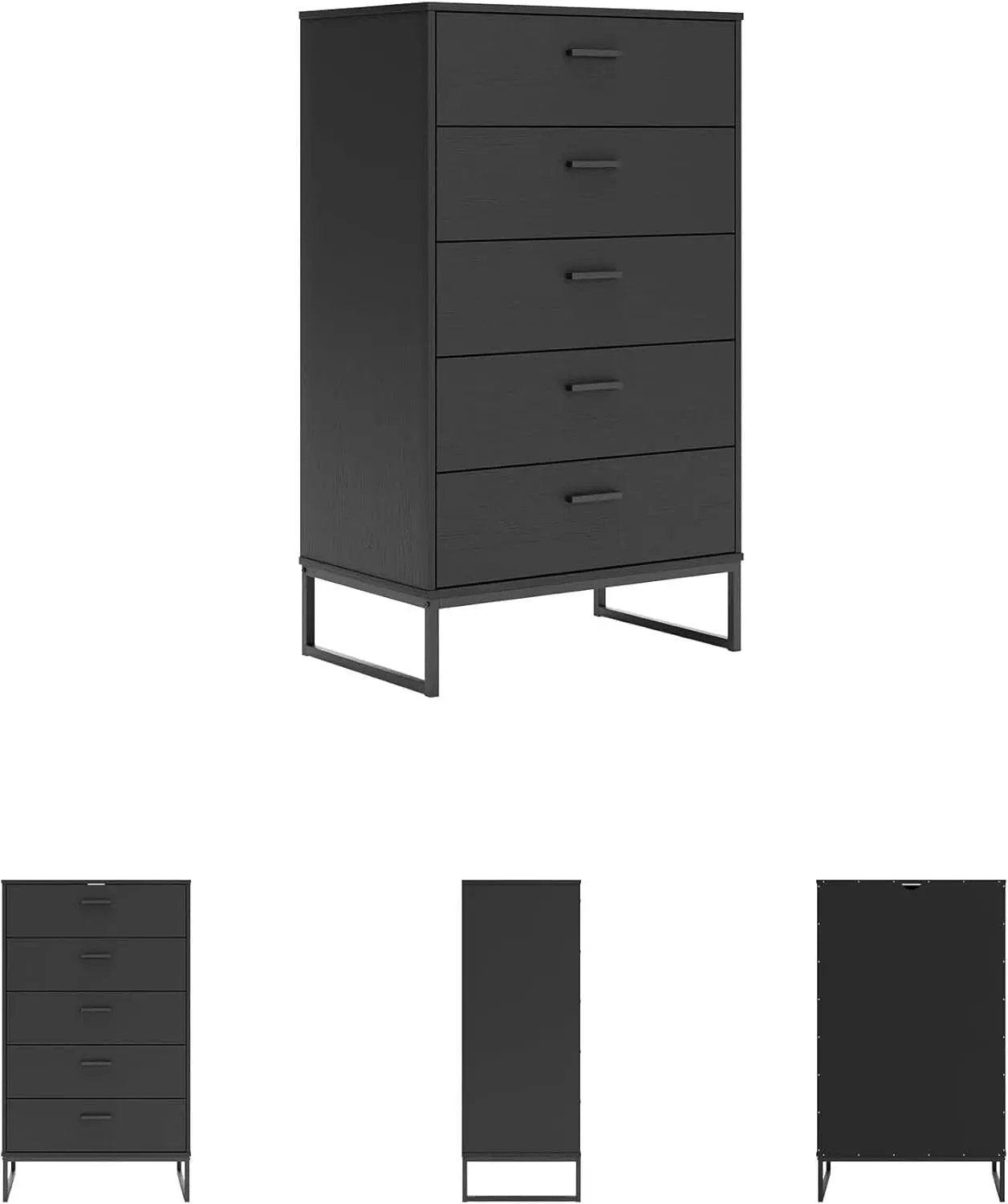 Modern 5-Drawer Chest with Safety Stop, Black Finish for Bedroom from PriceLows™