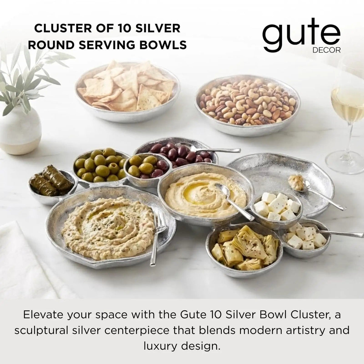 Cluster of 10 Round Serving Bowls Silver Clusters Decorative Tray | Brass | Serving Platter | Home Decor