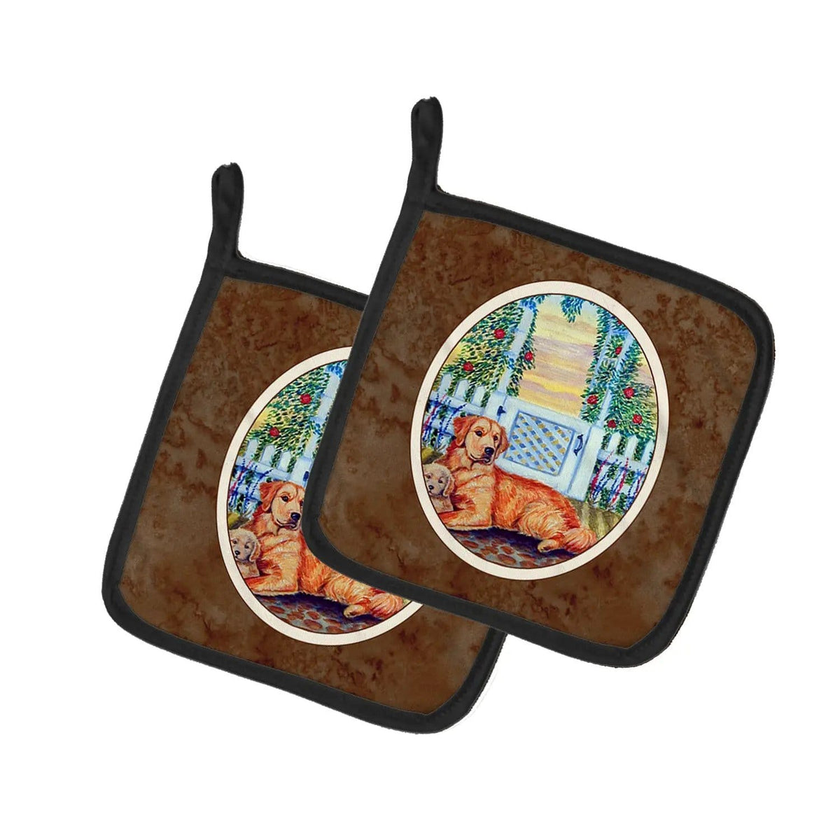 Pot Holder Set of 2 | Heat Resistant Quilted Hot Pads | 7.5 x 7.5 Inch | Golden Retriever and puppy at the fence