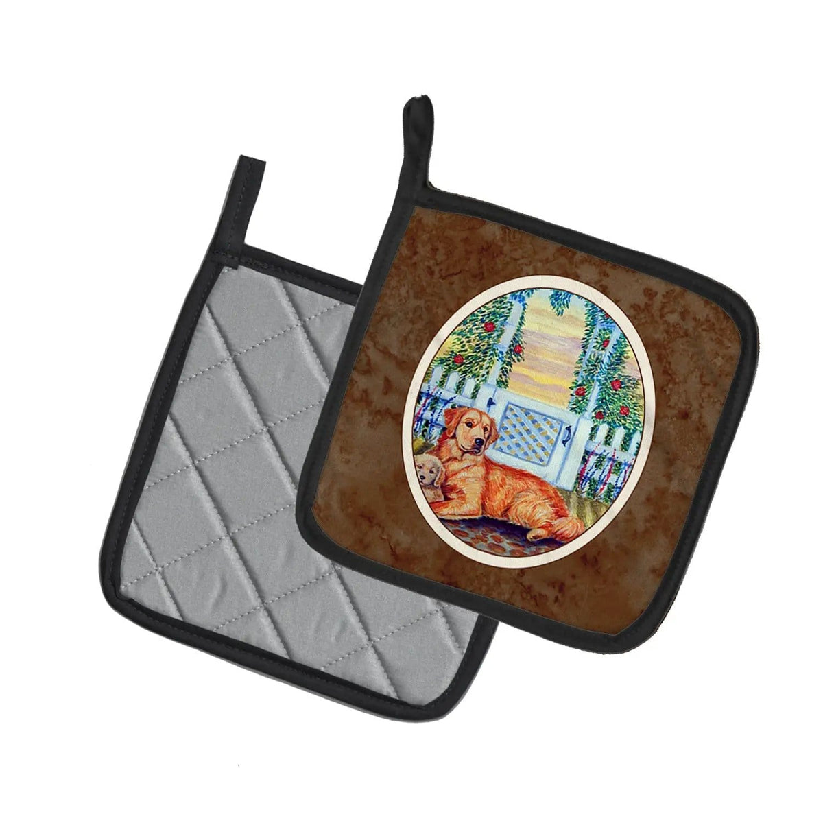 Pot Holder Set of 2 | Heat Resistant Quilted Hot Pads | 7.5 x 7.5 Inch | Golden Retriever and puppy at the fence