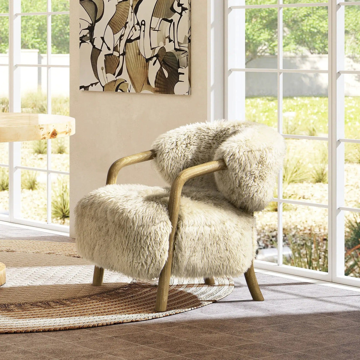 Becker Rustic Oak Sheepskin Upholstered Accent Arm Chair | 31.5 x 28.5 x 30 in | Wood | Taupe Beige