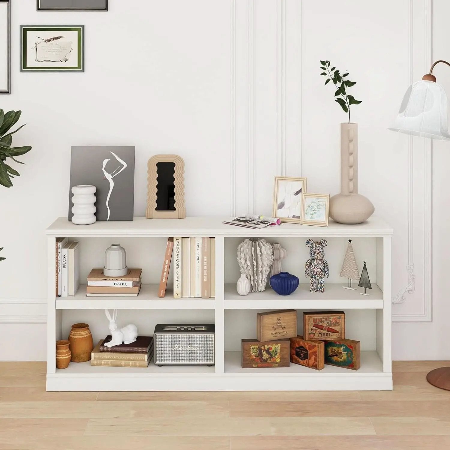 White Double Wide Bookshelf 64 Inch 2 Tier Storage Unit from PriceLows™