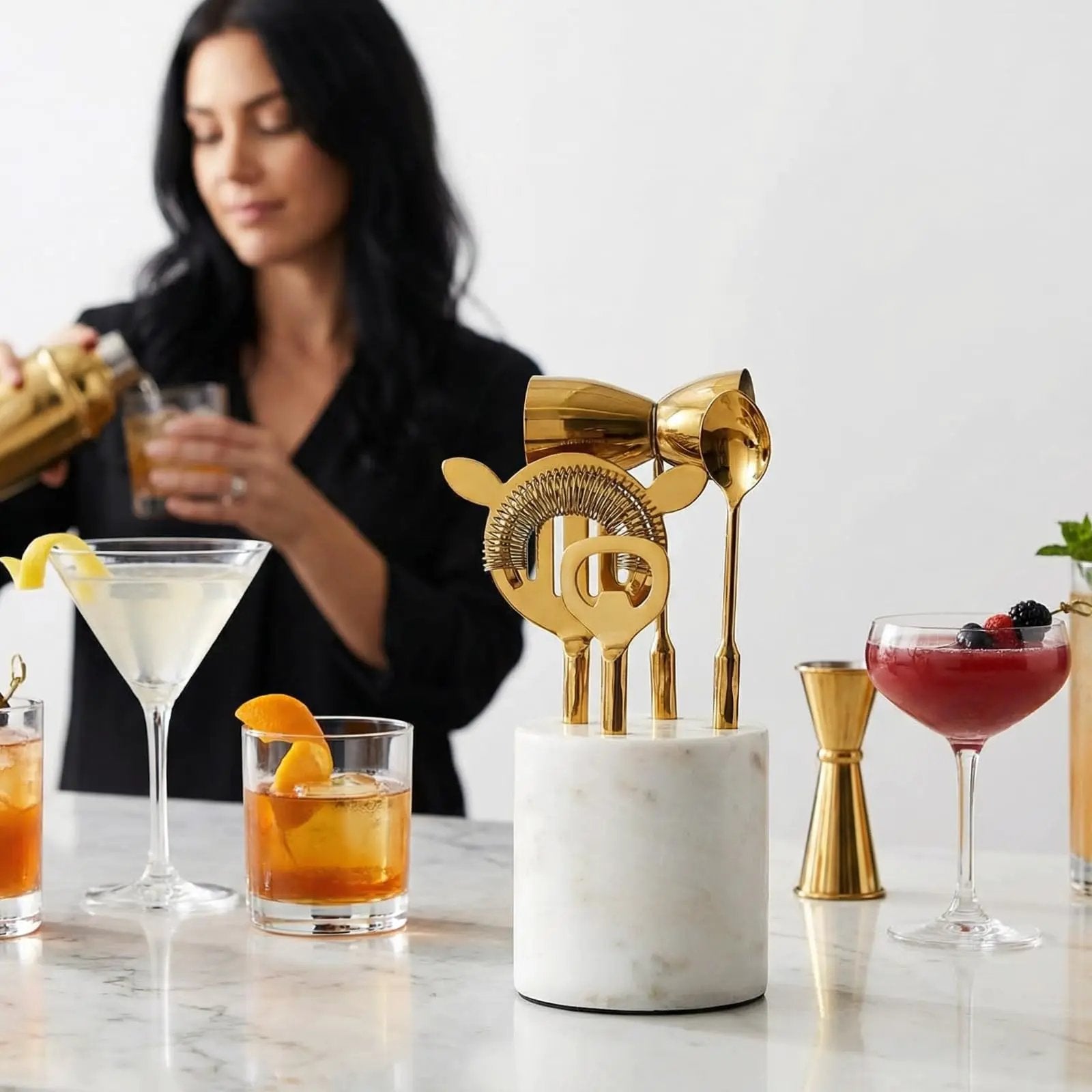 Gold Marble Cocktail Bar Tool Set, 5 Piece 9.06 x 3.75 Inch White Stone Holder Stainless Steel from PriceLows™