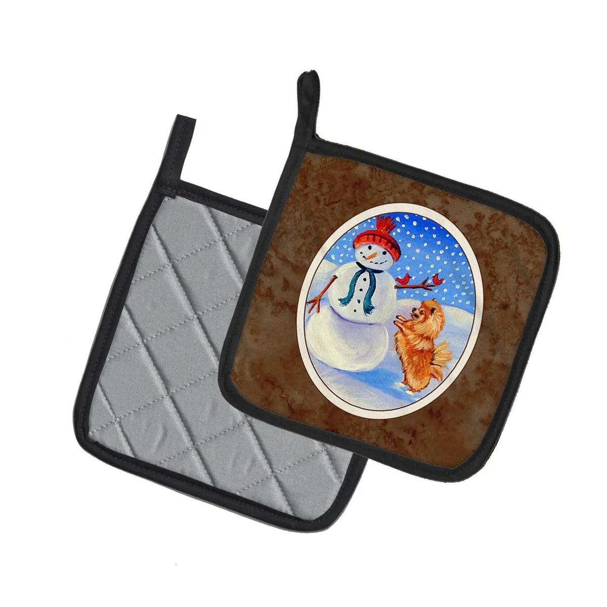Pot Holder Set of 2 | Heat Resistant Quilted Hot Pads | 7.5 x 7.5 Inch | Snowman with Pomeranian Winter Snowman
