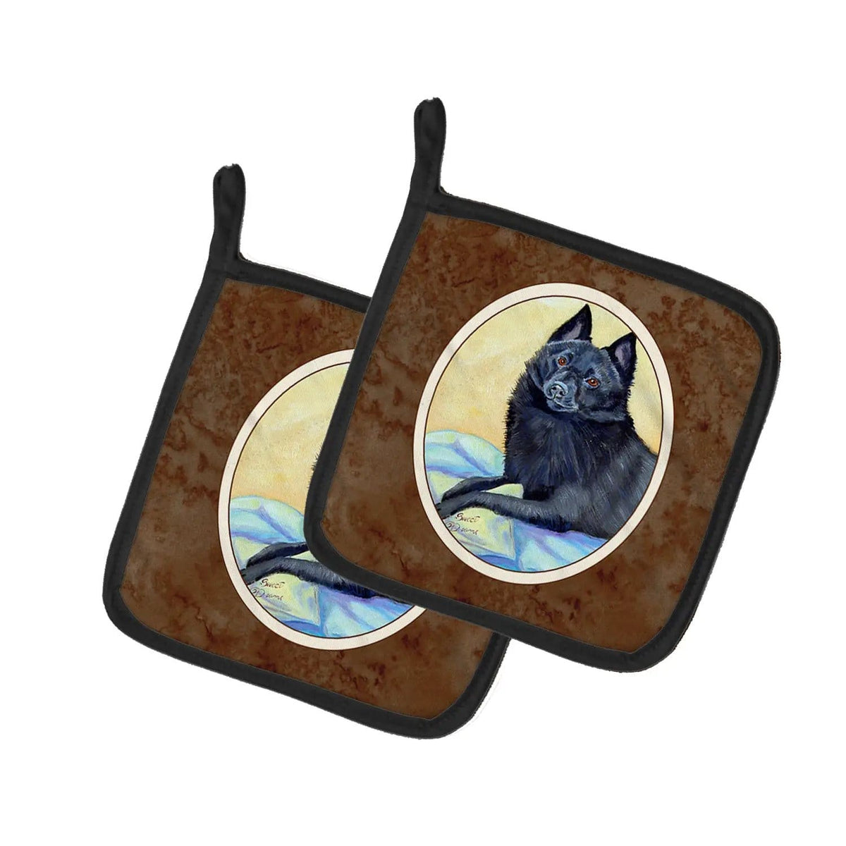 Pot Holder Set of 2 | Heat Resistant Quilted Hot Pads | 7.5 x 7.5 Inch | Schipperke Sweet Dreams