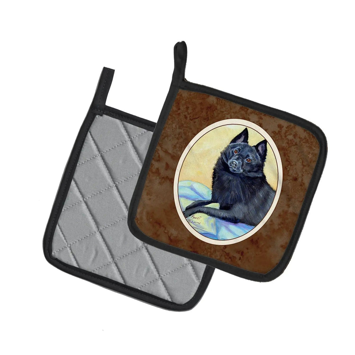 Pot Holder Set of 2 | Heat Resistant Quilted Hot Pads | 7.5 x 7.5 Inch | Schipperke Sweet Dreams