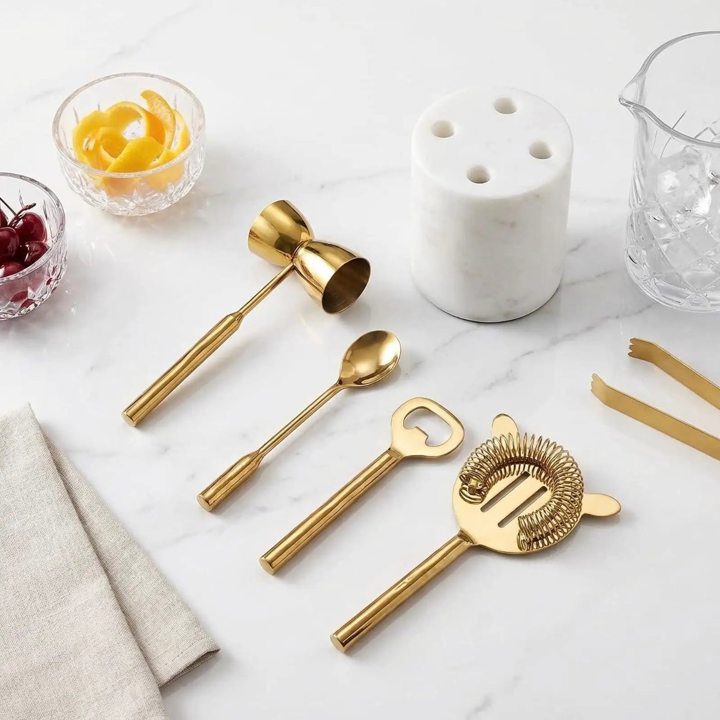 Gold Marble Cocktail Bar Tool Set, 5 Piece 9.06 x 3.75 Inch White Stone Holder Stainless Steel from PriceLows™