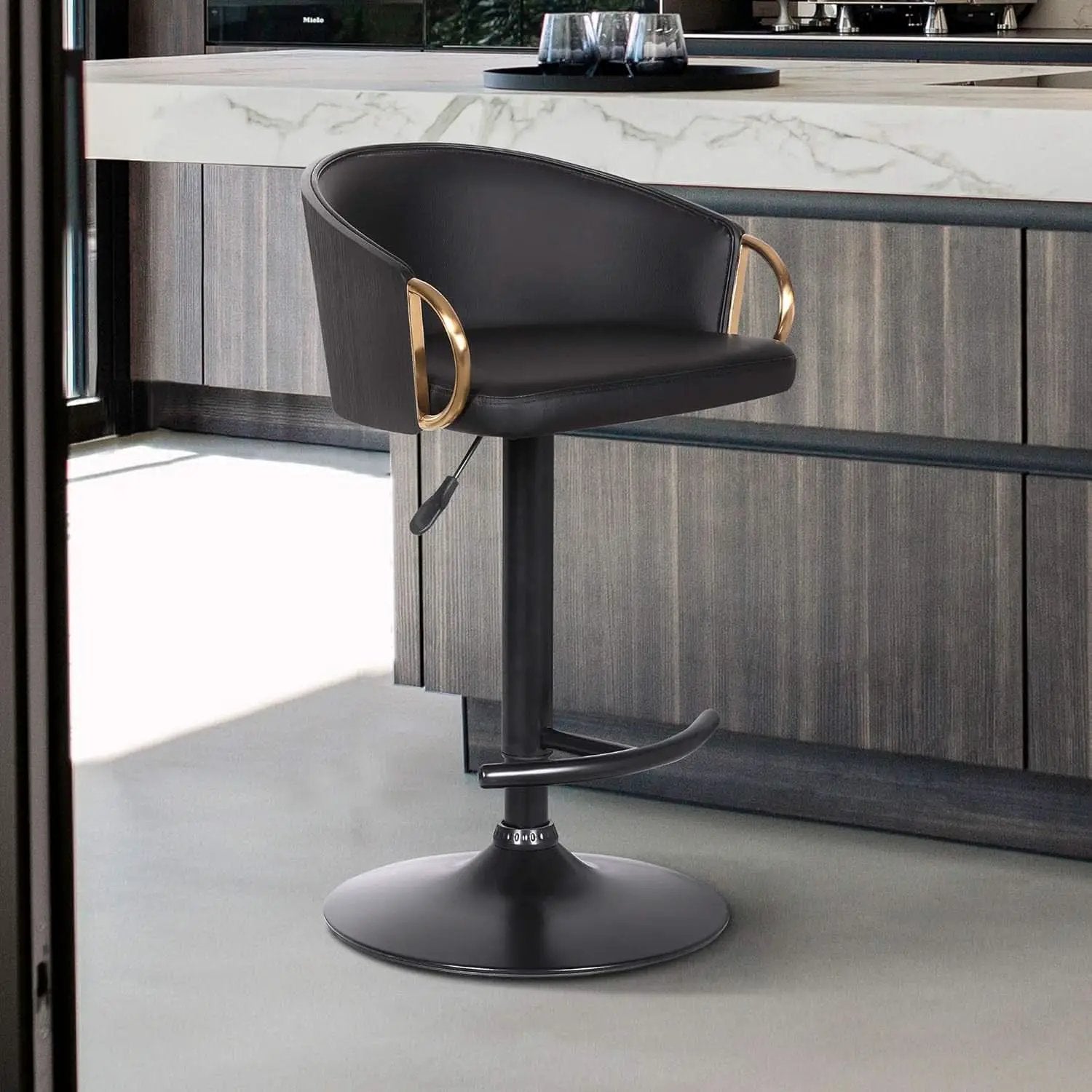 Adjustable Black Faux Leather Swivel Barstool with Gold Accents from PriceLows™