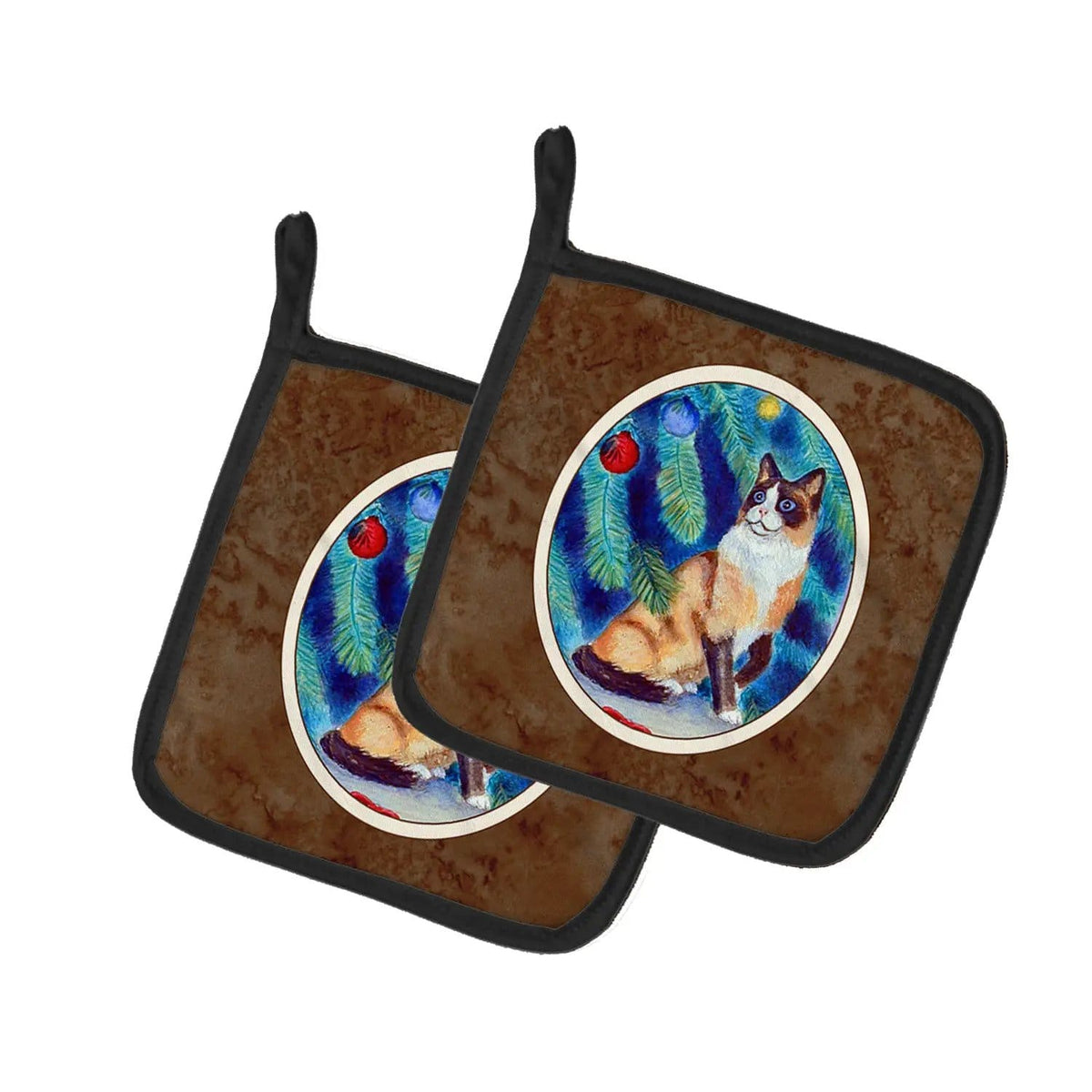 Pot Holder Set of 2 | Heat Resistant Quilted Hot Pads | 7.5 x 7.5 Inch | Christmas Tree Cat