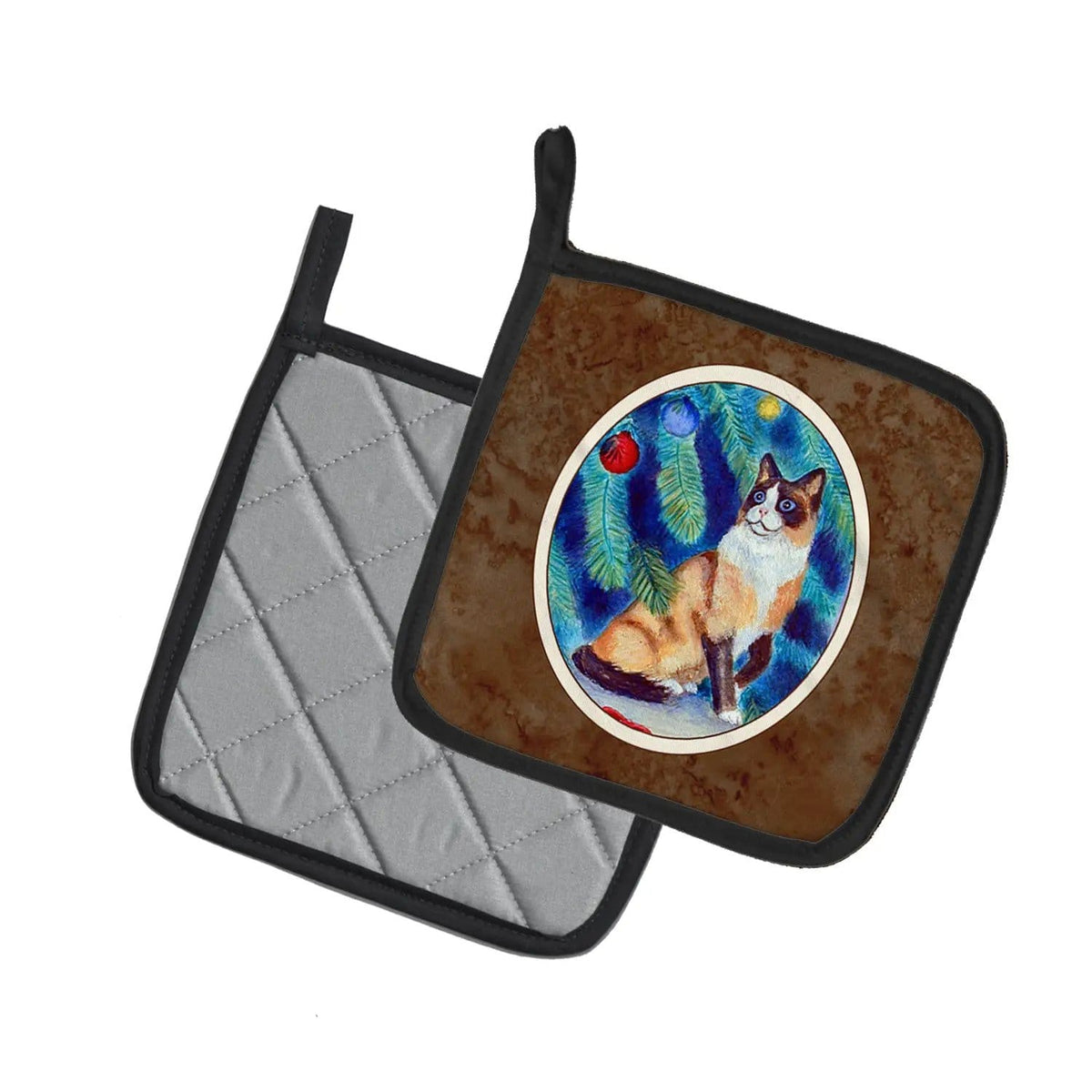 Pot Holder Set of 2 | Heat Resistant Quilted Hot Pads | 7.5 x 7.5 Inch | Christmas Tree Cat