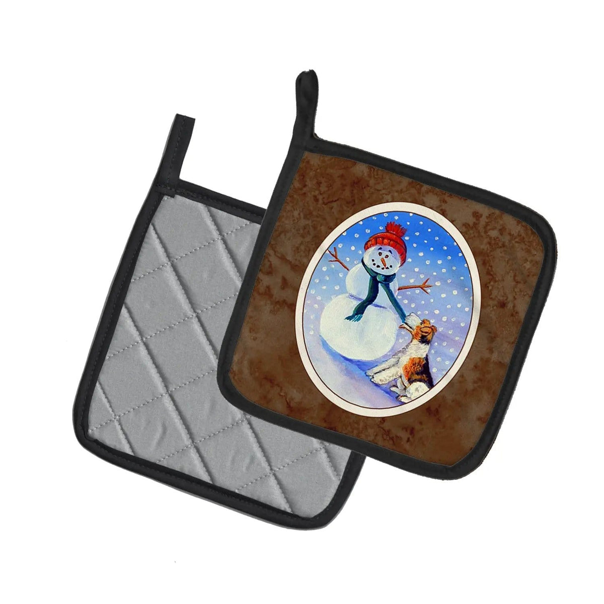 Pot Holder Set of 2 | Heat Resistant Quilted Hot Pads | 7.5 x 7.5 Inch | Snowman with Fox Terrier