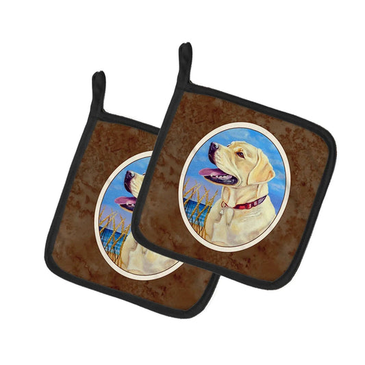 Pot Holder Set of 2 | Heat Resistant Quilted Hot Pads | 7.5 x 7.5 Inch | Yellow Labrador at the Beach