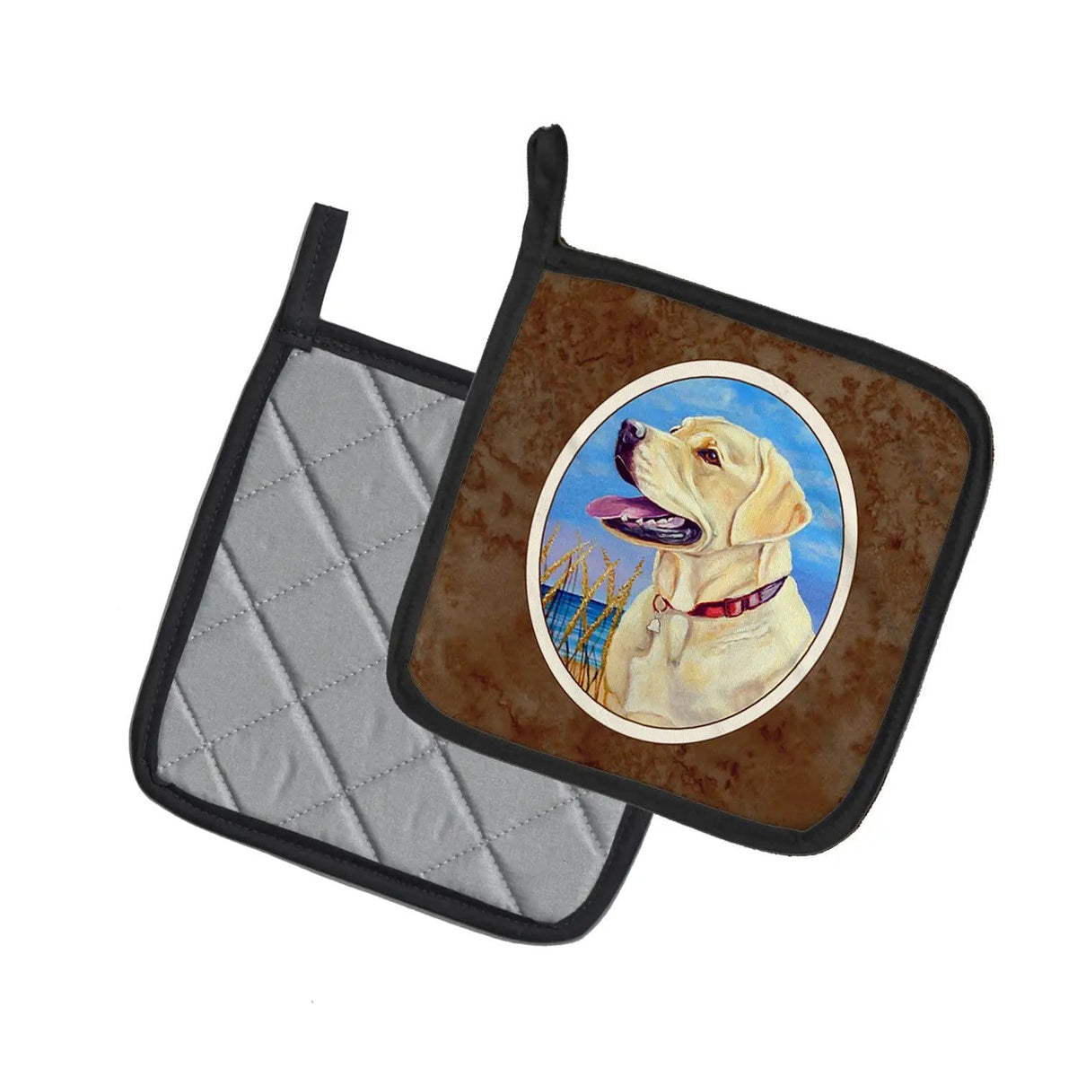 Pot Holder Set of 2 | Heat Resistant Quilted Hot Pads | 7.5 x 7.5 Inch | Yellow Labrador at the Beach