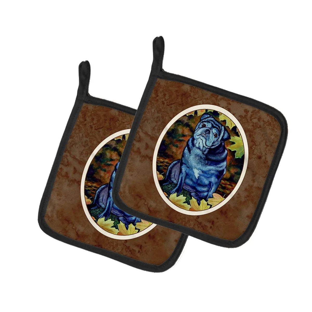 Pot Holder Set of 2 | Heat Resistant Quilted Hot Pads | 7.5 x 7.5 Inch | Old Black Pug in Fall Leaves