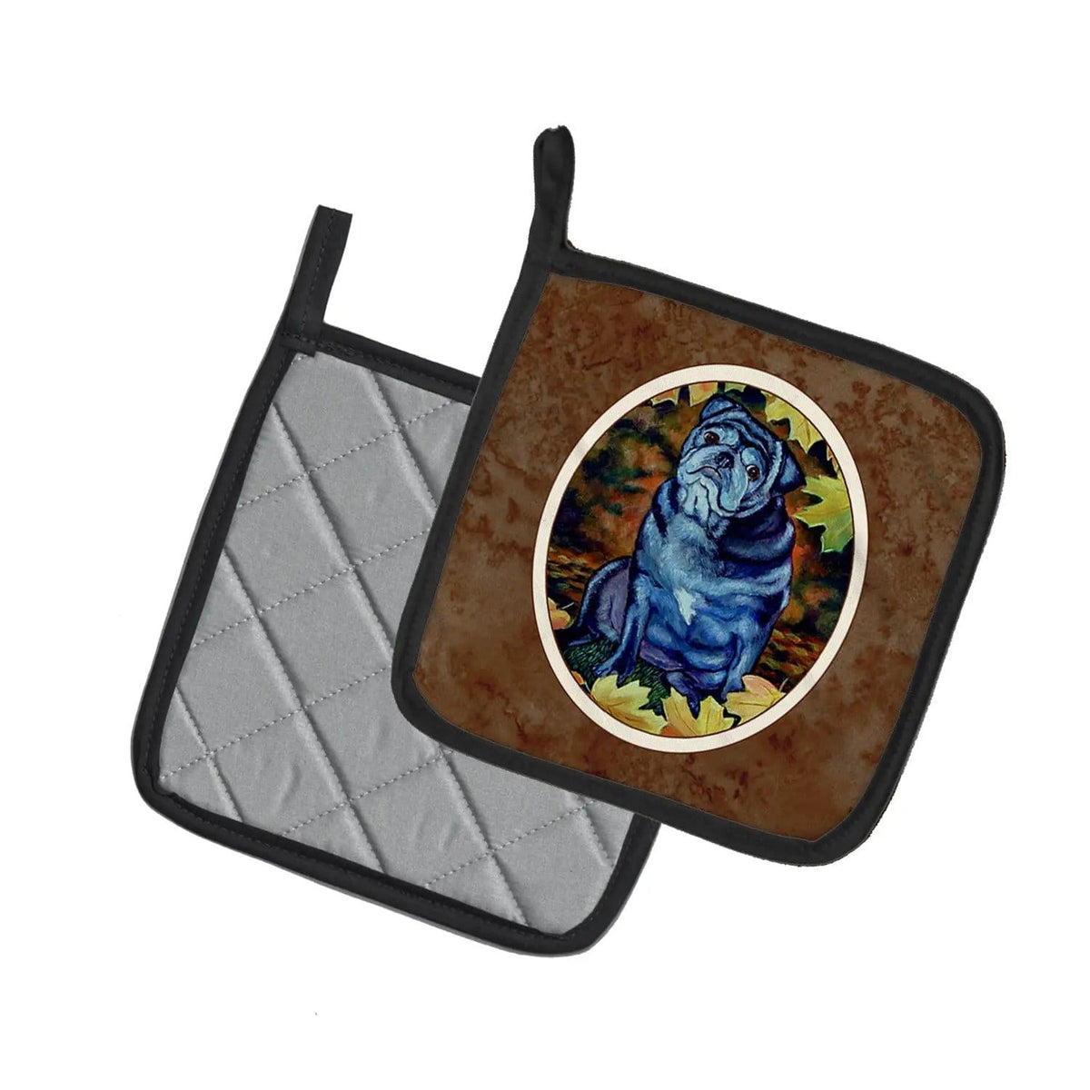 Pot Holder Set of 2 | Heat Resistant Quilted Hot Pads | 7.5 x 7.5 Inch | Old Black Pug in Fall Leaves