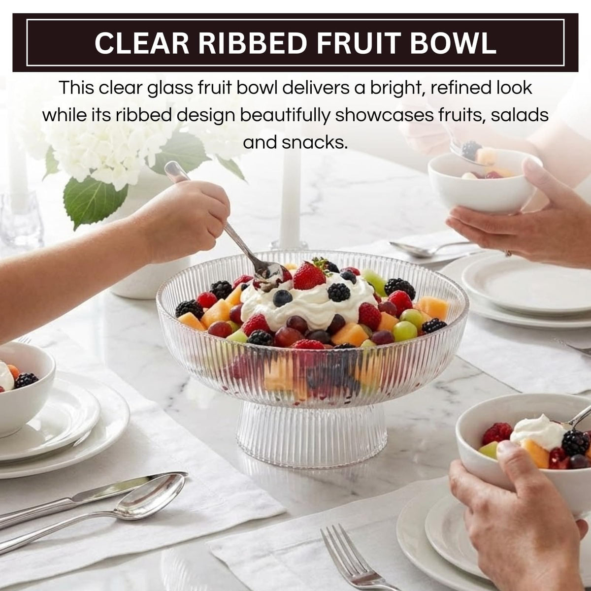 Decorative Fluted Transparent Glass Bowl, Fruit, Snacks Sweets | Glass | Decorative Bowl | Entertaining