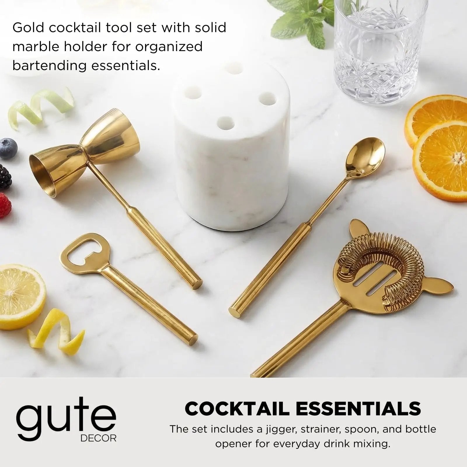 Gold Marble Cocktail Bar Tool Set, 5 Piece 9.06 x 3.75 Inch White Stone Holder Stainless Steel from PriceLows™