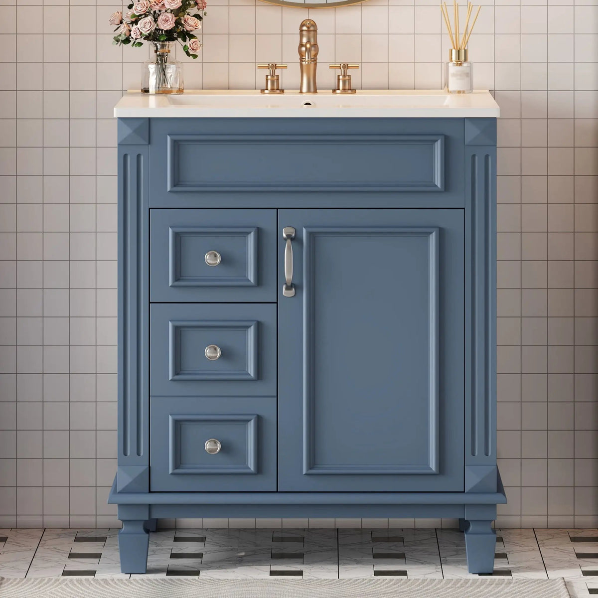 24 Inch Compact Bathroom Vanity | 2 Deep Drawers | Adjustable Shelf | Retro Button Handles