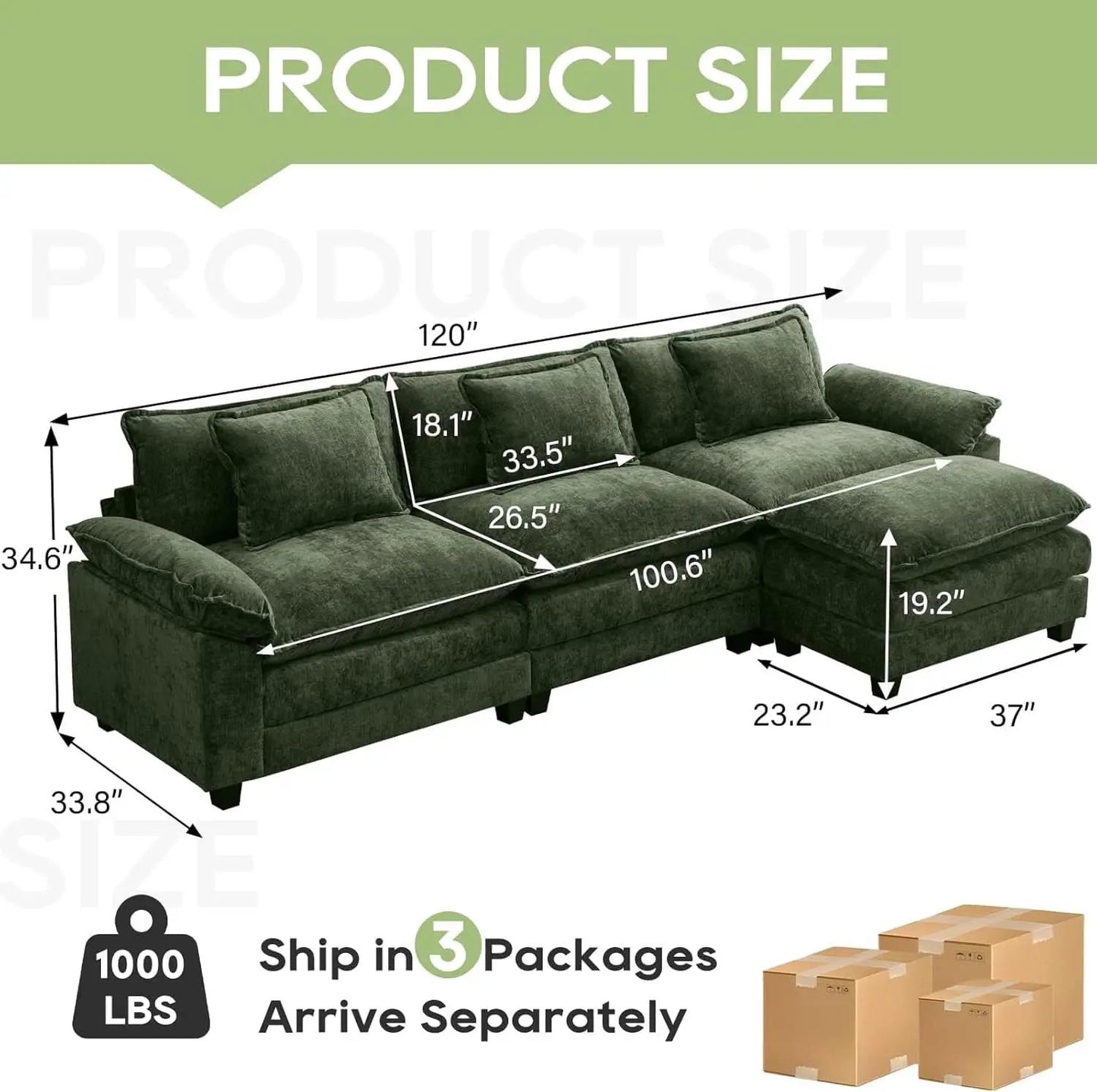 120Inch Green Modular Sectional Sofa Featuring Ottoman from PriceLows™