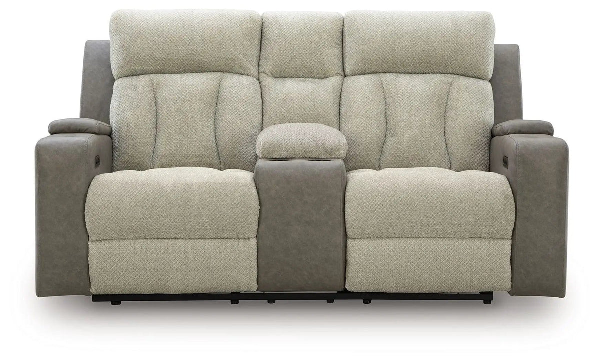 WhipLash Power Reclining Loveseat With Console / Adj Headrest | 76 x 39 x 43 in | Faux Leather & Polyester | Sisal
