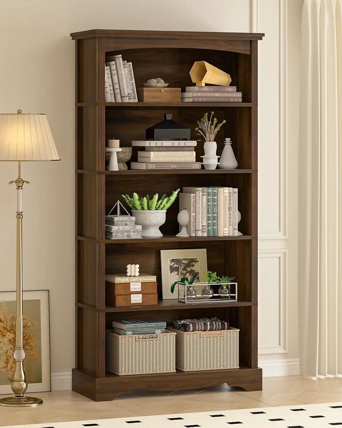 65-Inch Tall Brown Wooden Bookshelf With Five Tiers from PriceLows™