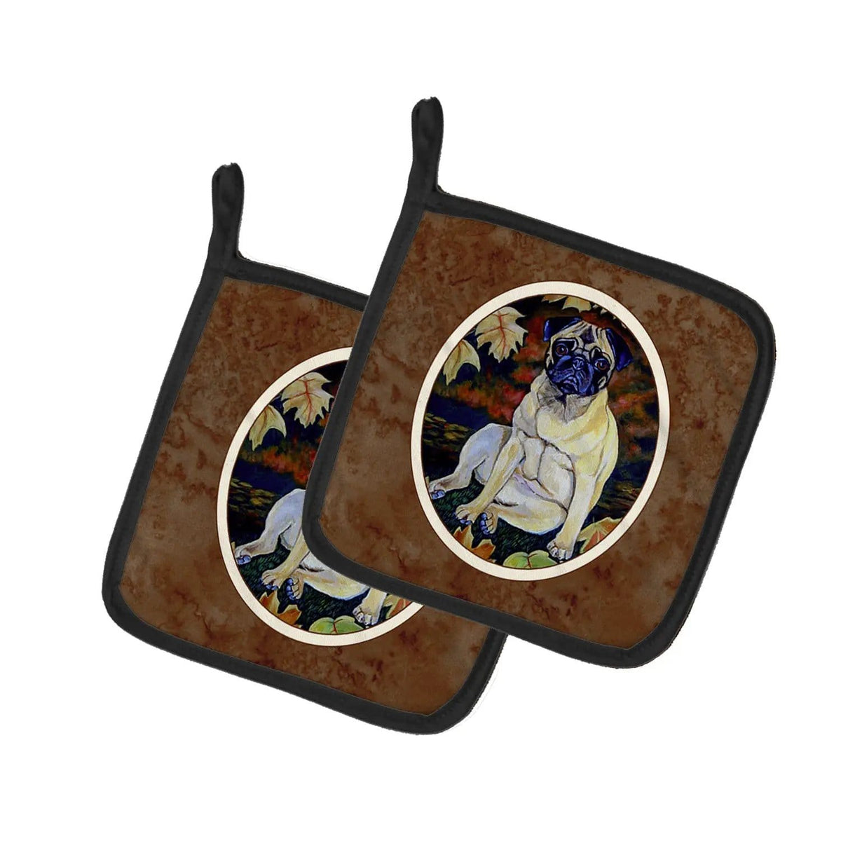 Pot Holder Set of 2 | Heat Resistant Quilted Hot Pads | 7.5 x 7.5 Inch | Fawn Pug in Fall Leaves