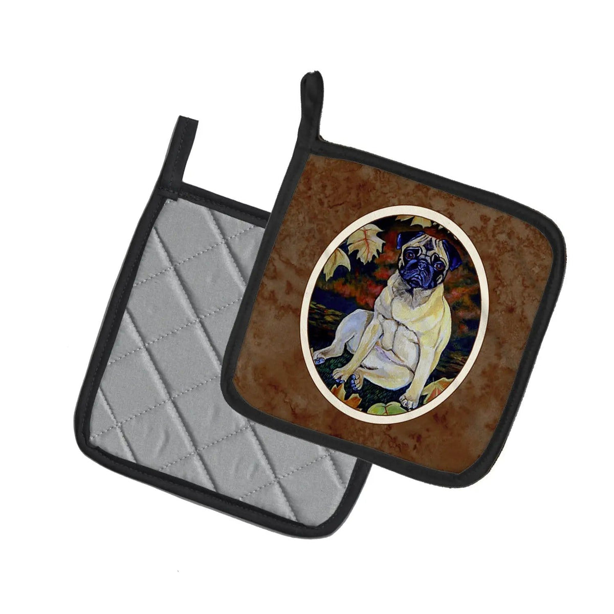 Pot Holder Set of 2 | Heat Resistant Quilted Hot Pads | 7.5 x 7.5 Inch | Fawn Pug in Fall Leaves