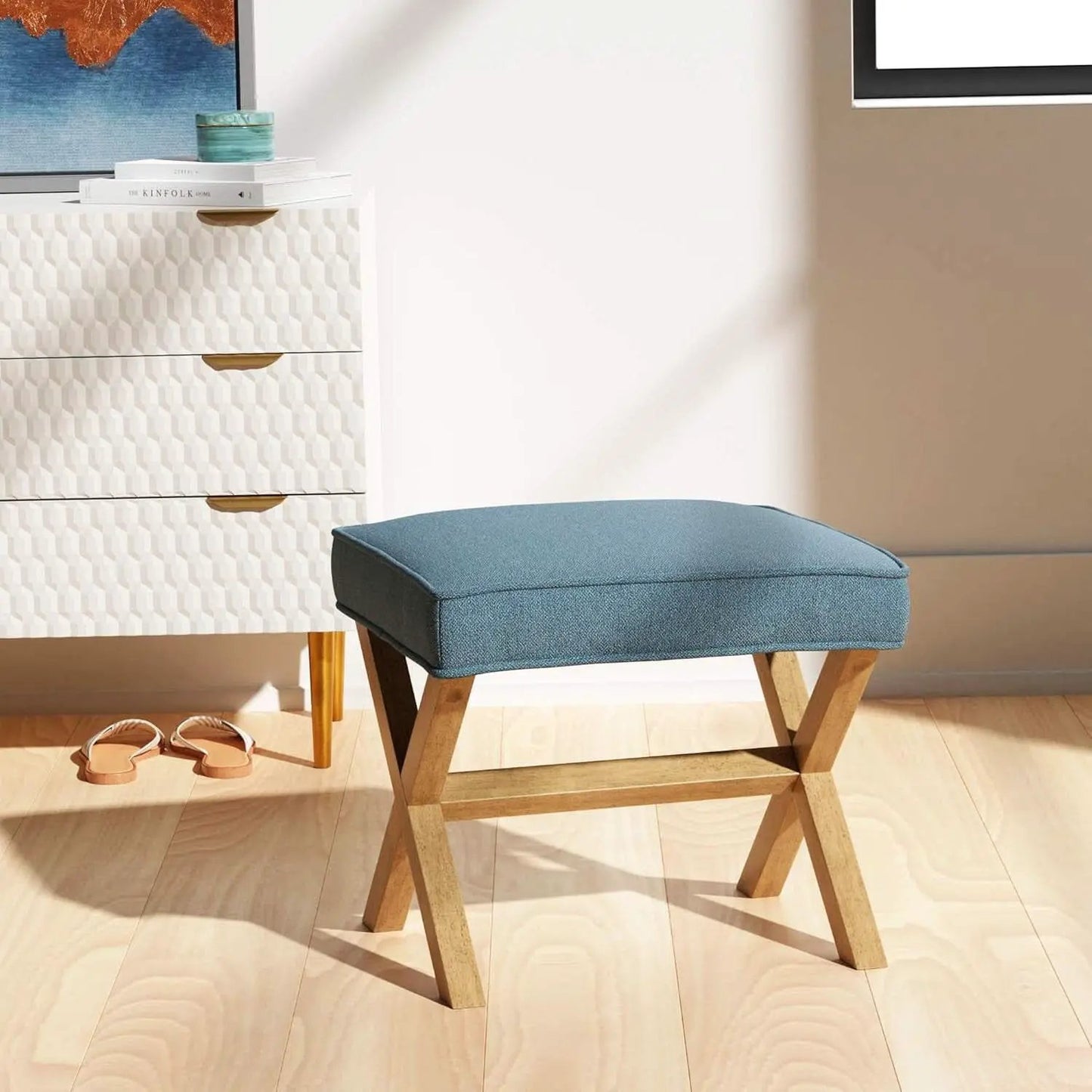 Indigo Blue Upholstered Ottoman Foot Stool 20Wx18Dx18H from PriceLows™