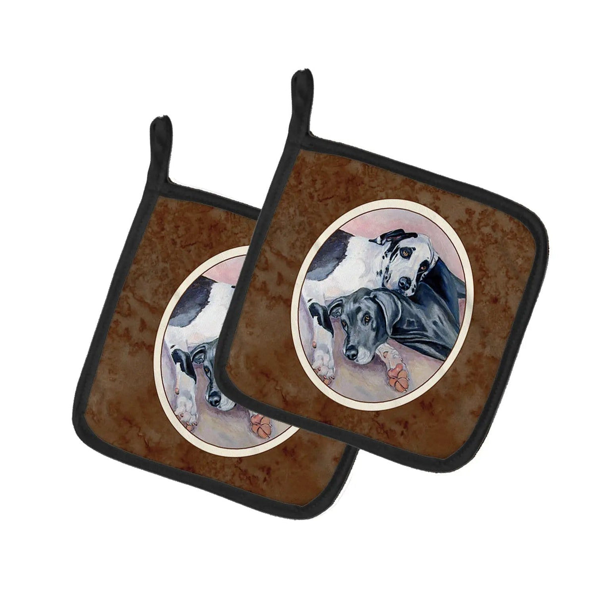 Pot Holder Set of 2 | Heat Resistant Quilted Hot Pads | 7.5 x 7.5 Inch | Black and Harlequin Great Dane
