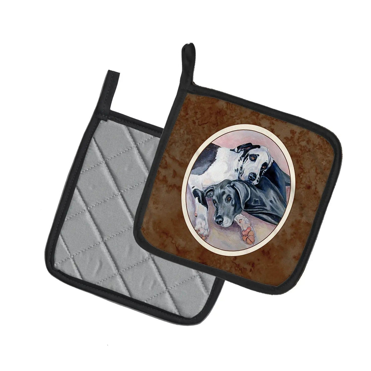 Pot Holder Set of 2 | Heat Resistant Quilted Hot Pads | 7.5 x 7.5 Inch | Black and Harlequin Great Dane