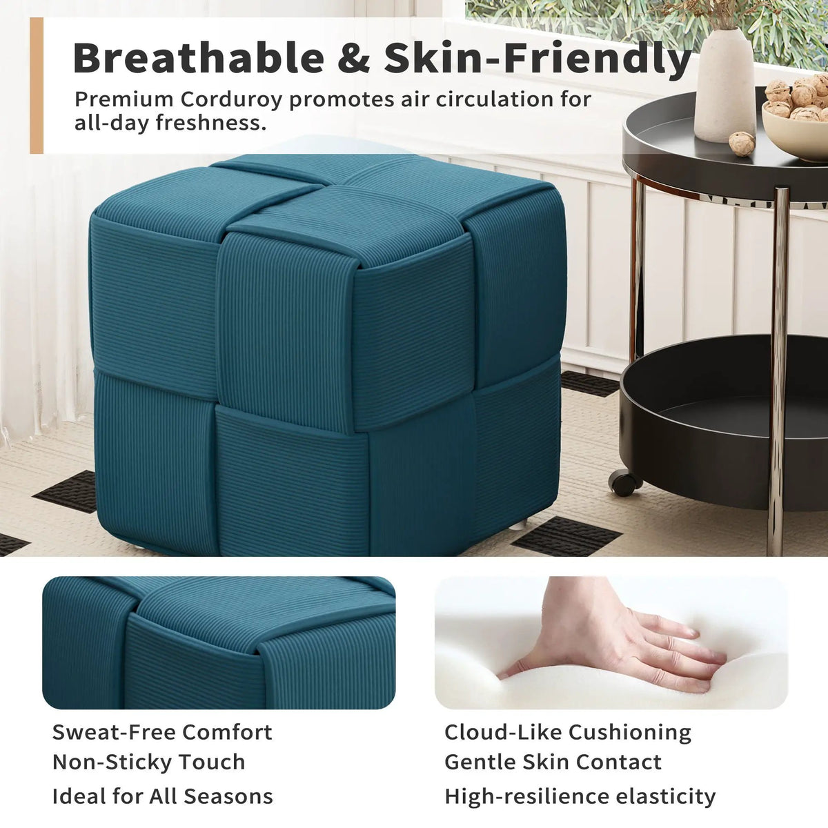 Modern Ottoman Foot Rest | Woven Design | Engineered Wood Frame | 14.2 Inch Cube