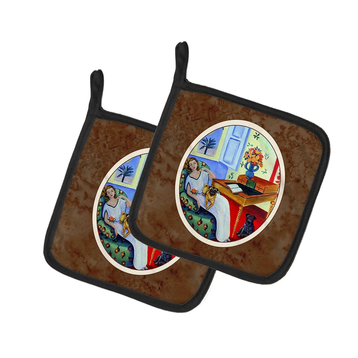 Pot Holder Set of 2 | Heat Resistant Quilted Hot Pads | 7.5 x 7.5 Inch | Lady with her Pug (Style 2)